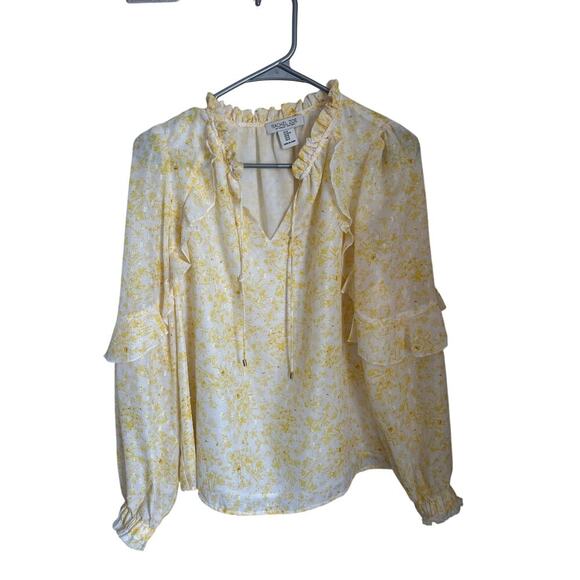Rachel Zoe Sheer Arm Long Sleeve V Neck Yellow/White Blouse size M - Picture 1 of 7